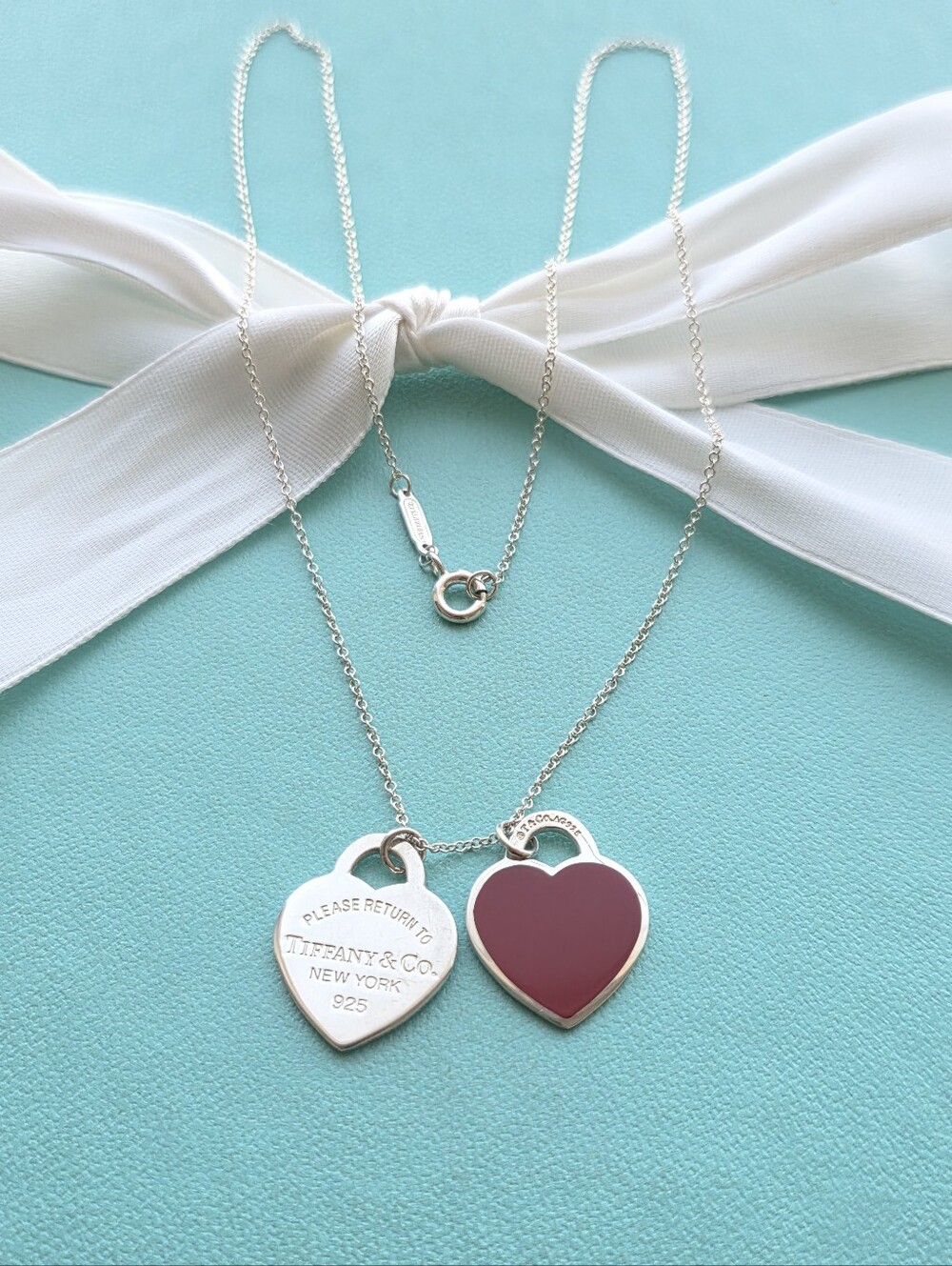 T&Co. Small Red Enamel Double Heart Tag Necklace